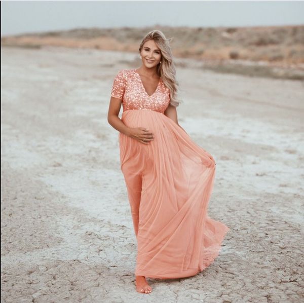 

#57 pregnancy clothes short sleeve women pregnants maternity pgraphy props sequined solid dress vestido boho embarazo, White