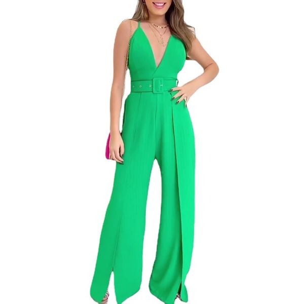 

2023 new women jumpsuits & rompers sne0165 designer solid color one-piece suspenders deep v-neck slit wide leg pants summer casual fashion t, Black;white
