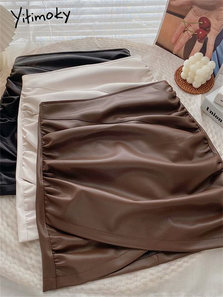 

skirts yitimoky leather skirts women cross folds pu mini black skirt fall korean fashion casual coffee gothic skirts with lining 230301