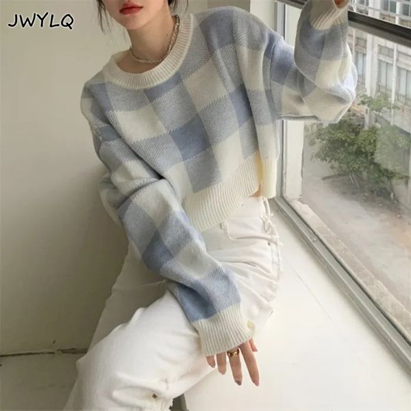 

women's sweaters cropped sweater korean o-neck plaid printing preppy style pullover sweater women simple sweet sweaters for women stude, White;black