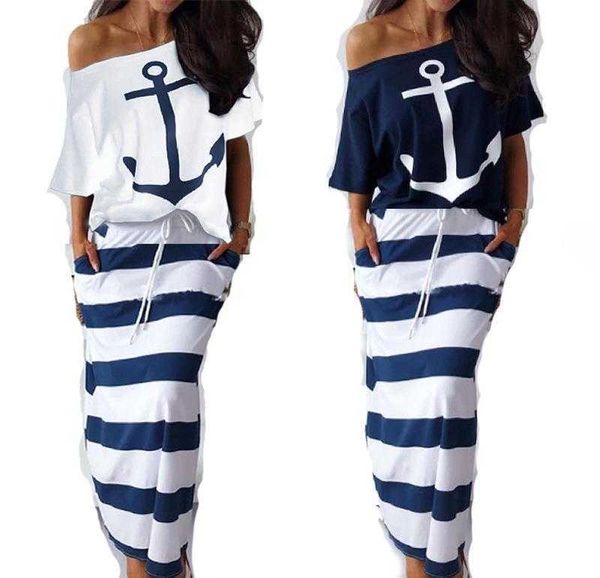 

navy style casual boat dress anchor printed short sleeve t shirt skirt, White