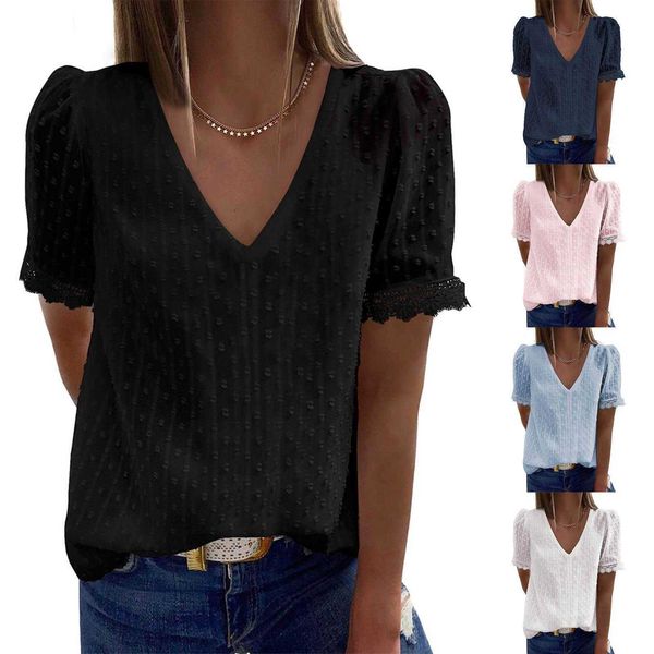 

solid color shirt and v neck bottoming lace white loose temperament commuter