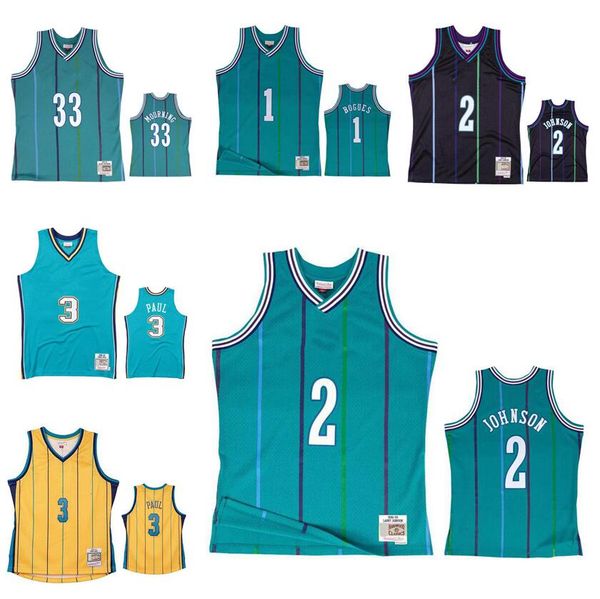 

basketball jerseys alonzo mourning #33 larry johnson #2 muggsy bogues #1 chris paul #3 mitchell & ness hardwoods classics retro men women yo, Black;red