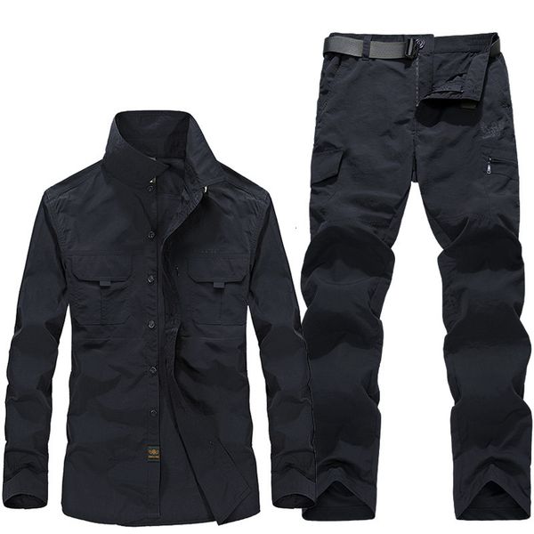 

mens tracksuits outdoor quickdrying sports suit men springsummer breathable waterproof tooling shirt sweatpants 2 piece mountaineering 23022, Gray