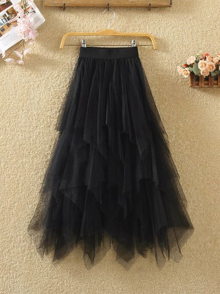 

skirts women irregular tulle skirts fashion elastic high waist mesh tutu skirt pleated long skirts midi skirt saias faldas jupe femmle 23030, Black