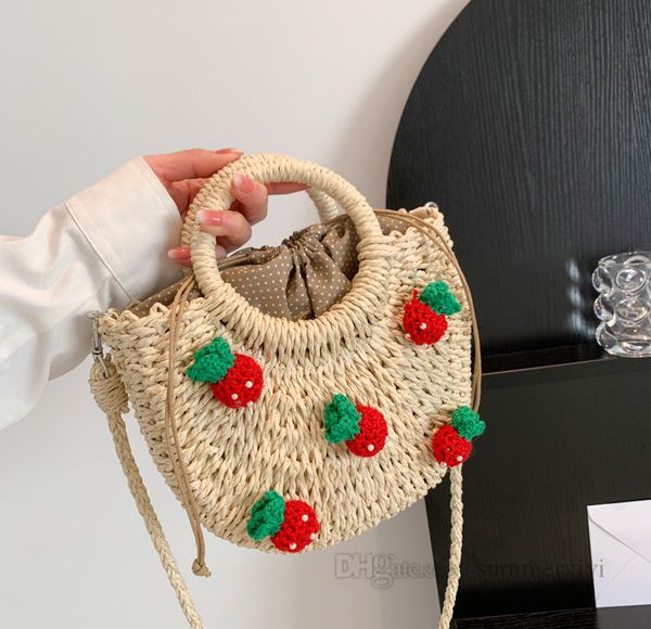 

children strawberry applique grass weaving handbags kids cherry straw hand made shopping basket summer girls easter princess single shoulder, Black