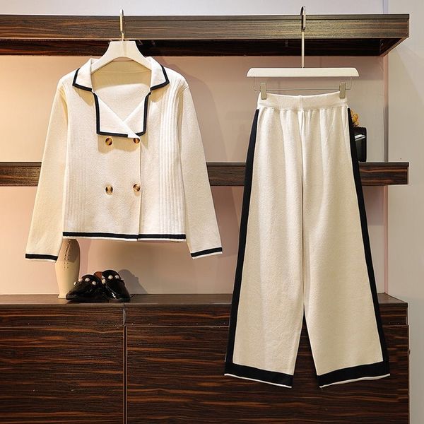 

women's two piece pant knit wide leg pants suit set 230228, White