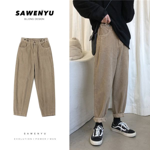 

women's pants capris khaki/black corduroy pants men fashion solid color retro casual straight pants men streetwear harem pants mens tro, Black;white