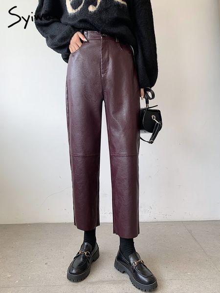 

women's pants capris syiwidii burgundy leather pants women wide leg trousers korean style y2k fashion loose pants high waisted black pu, Black;white