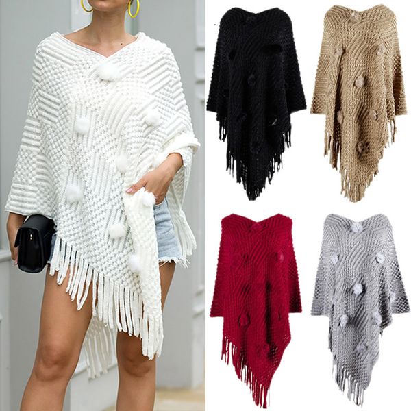 

shawls autumn winter women's sweater cloak women fashion vneck tassel knitted pullover sweaters cloak shawl hair ball poncho 230301, Blue;gray
