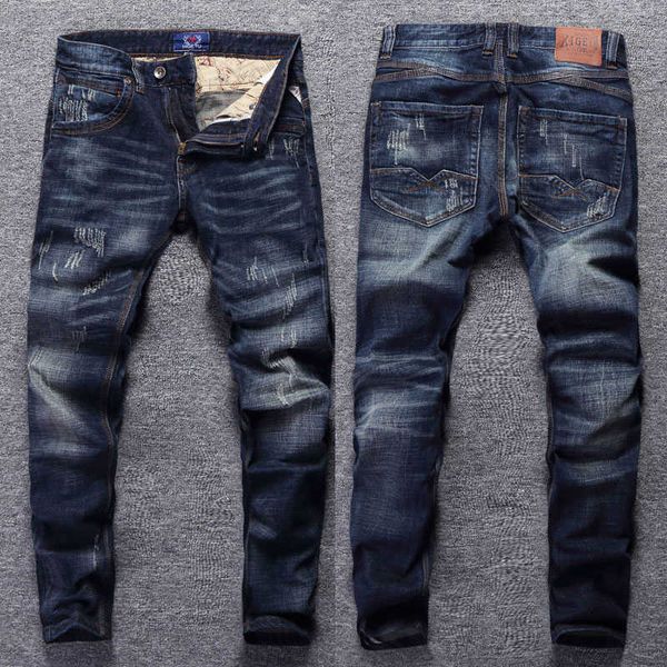 

men's jeans italian style fashion retro dark blue elastic slim fit ripped streetwear vintage designer denim pants hombre y2303