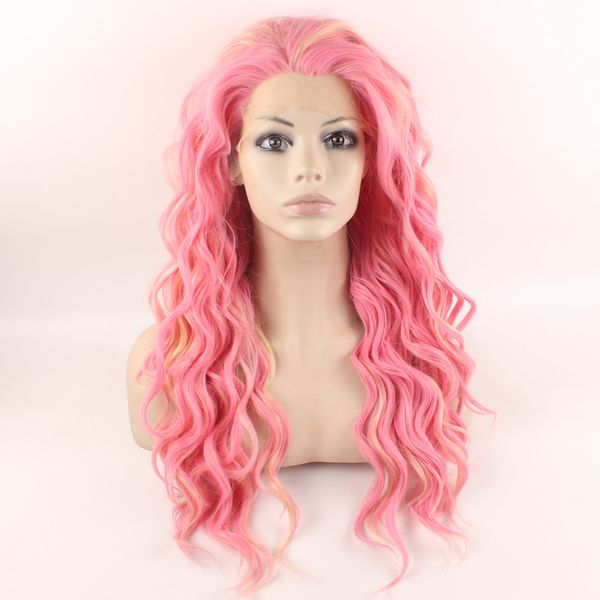 

24" long pink cosplay wigs with blonde strands heat friendly synthetic hair lace front wig, Black