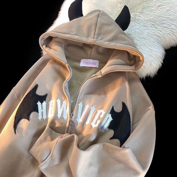 

women's hoodies sweatshirts american retro little devil embroidered zipper hoodie women y2k street fashion trend joker sweatshirt coupl, Black