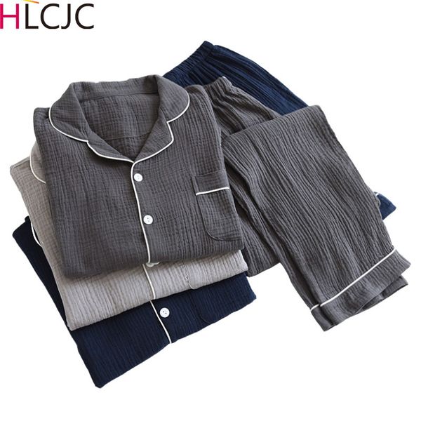 

men's sleepwear crepe cotton men's pajamas suit four seasons thin lapel long sleeve double layer gauze large size sleepwear male h, Black;brown