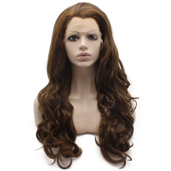 

26" extra long #4 medium brown wavy heat safe synthetic hair wig 150% density front lace wavy wig, Black