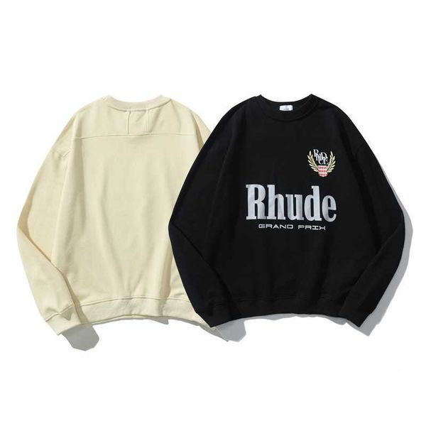

fashion brand american rhude hoodies high-definition wheat ear letter printing terry thin round neck sweater for men and women jjnn, Black