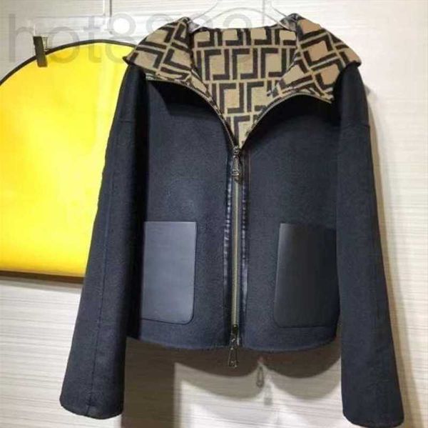 

women's wool & blends designer and blend coat short hooded jacket winter fashion reversible full f letter print 922v, Black