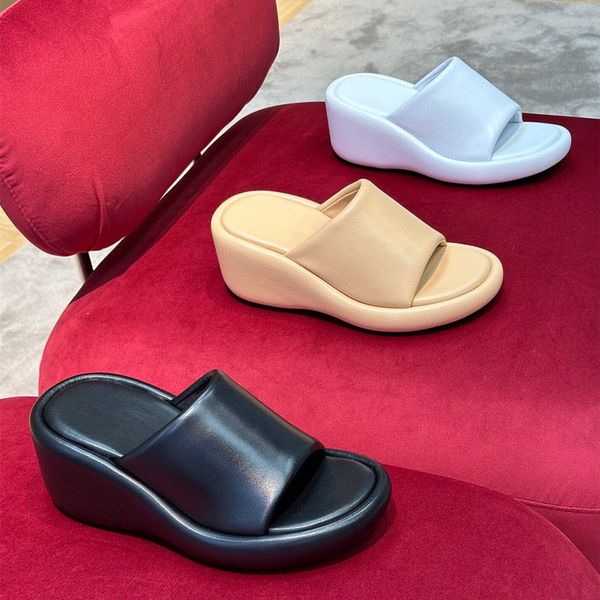 

womens 2023 summer mid wedge heel slide slipper sandal casual platform shoes comfy genuine leather slip on open round toe, Black
