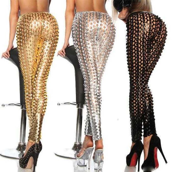 

ventilated punk rock leggings metal bright leather scale ripped, Black