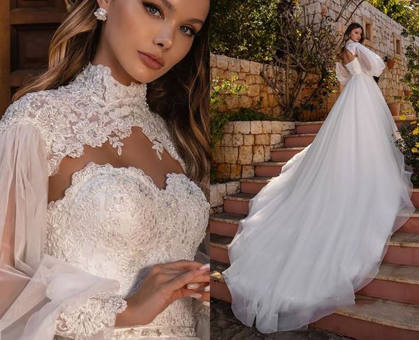 

princess wedding dress elegant full puffy sleeves high neck a line appliques lace up bride gowns cathedral train 2023 vestidos de noiva, White