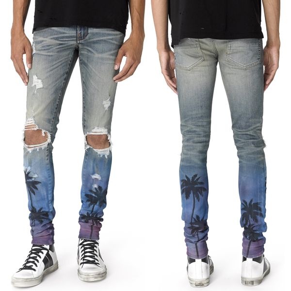 

tree printed painted ripped slim cut denim jeans in blue for man