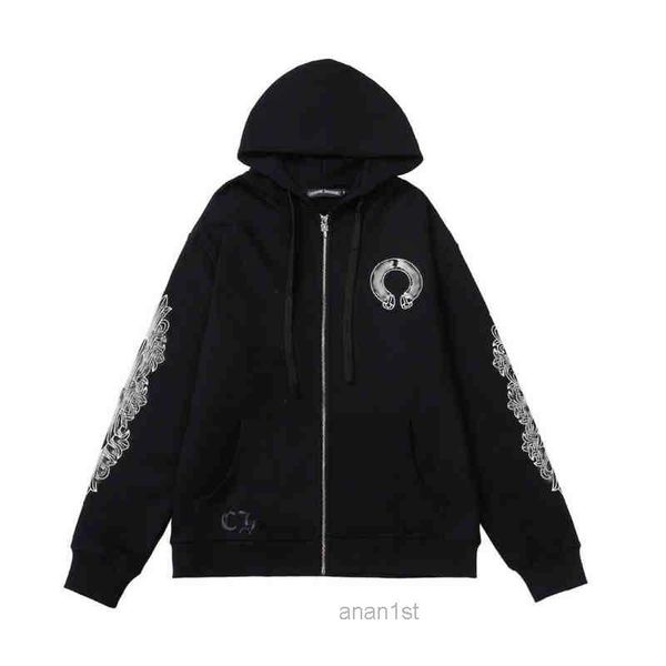 

luxury classic men's heart sweatshirts brand ch designer hoodie chromes fashion men women horseshoe sanskrit loose zipper jacket pullov, Black