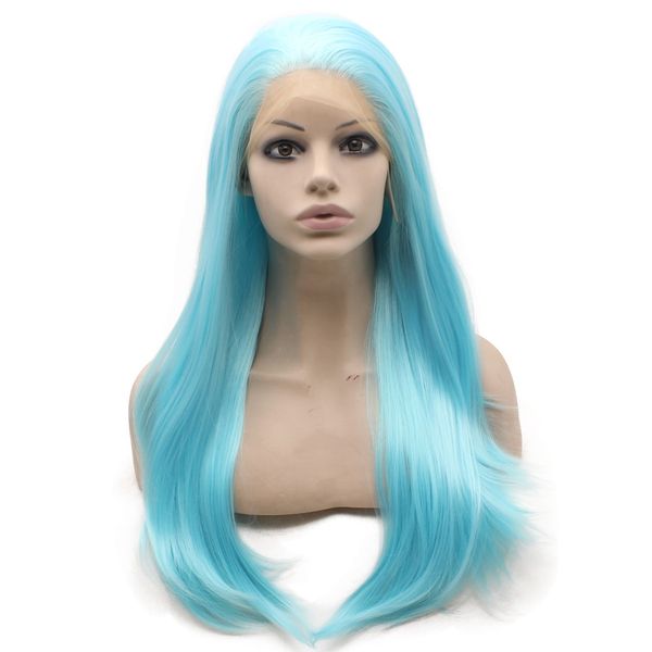 

24" long light blue synthetic wig lace front wig drag queen cosplay party wig, Black