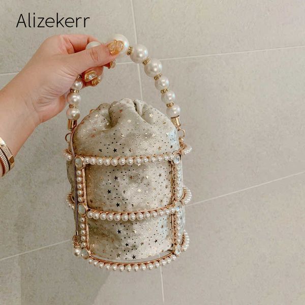 

evening bag hollow pearl bucket bag women designer korean handmade alloy meta