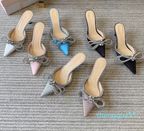 

2023sandal mach satin bow pumps crystal embellished rhinestone evening shoes stiletto 85 heels sandals women heeled luxury designer ankle st, Black