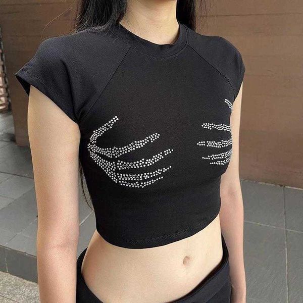

knitted womens t shirt round neck rhinestone short sleeve spring girl, White