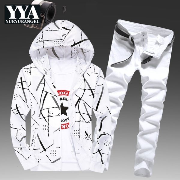 

men s tracksuits mens spring hooded sweatshirt two piece set striped printed jeans causal tracksuit slim fit jogging homme suit survetement, Gray