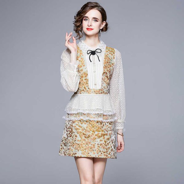 

women's casual dresses set women's 2023 spring french court long-sleeved lace a-line skirt two-piece women dress fashions dressed, Black;gray
