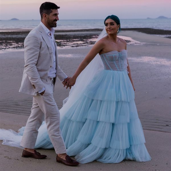 

blue beach wedding dress 2023 luxury aline tulle plus size boho bride dresses for women spaghetti straps tiered korean bridal hippie robe de, White