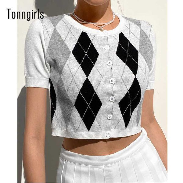 

women's t-shirt tonngirls argyle printed knitted cardigans y2k retro sweaters preppy style jumpers short sleeve knitwear women crop out, White