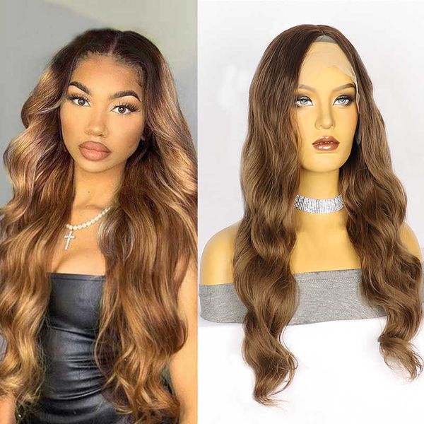 

wig women's front lace long curly hair with large wavy gradient brown chemical fiber high temperature silk wig full head cover 230301, Black