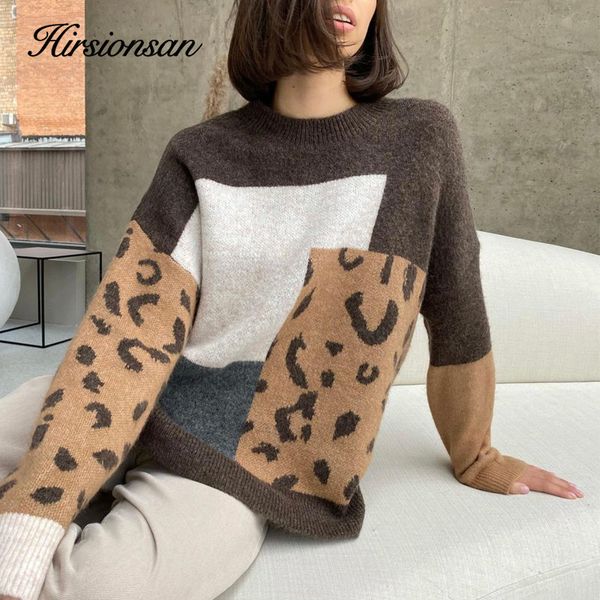 

women's sweaters hirsionsan leopard patchwork cashmere sweater women loose casual knitted pullovers autumn soft knitwear female retro j, White;black