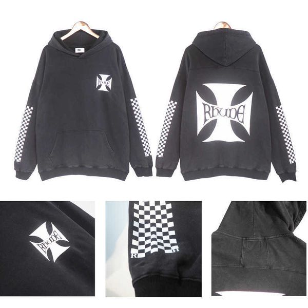

street autumn rhude american hoodie men's loose washed old pullover, Black