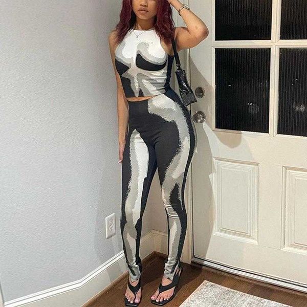 

creative personality womens pant printed wear navel sleeveless vest set, White