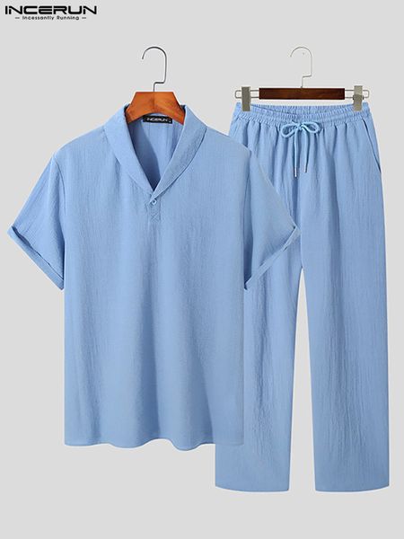 

mens tracksuits incerun sets solid summer lapel short sleeve shirt drawstring pants 2pcs streetwear korean casual suits s5xl 230228, Gray