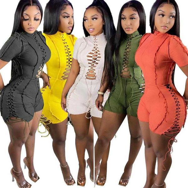 

womens casual pant jumpsuit lace up rope frayed one piece shorts 5 colors, White