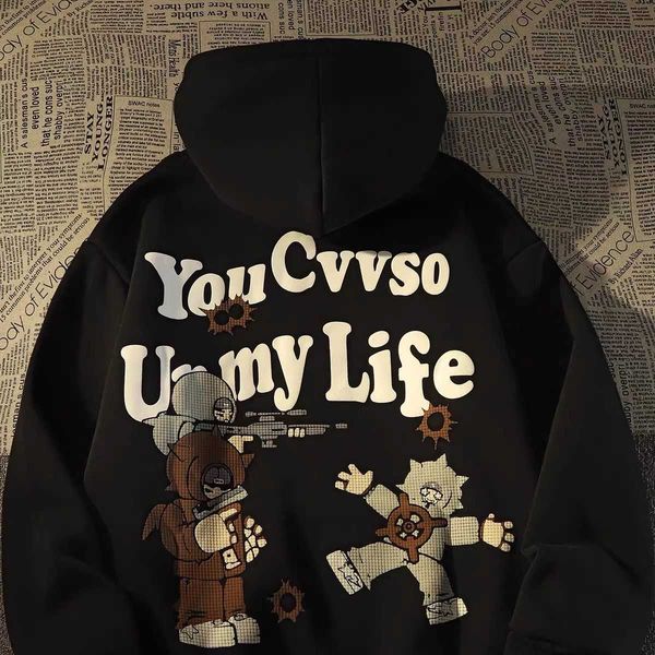 

american retro hiphop sweater letter anime hoodie men and women lovers on high street streetwear y2k women vibe oversized hoodie, Black