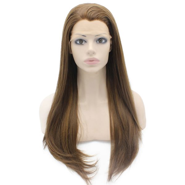 

24" long #8/27 highlighted brown silky straight heat friendly synthetic hair lace front fashion wig, Black