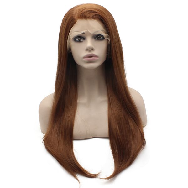 

long auburn wig silky straight heat resistant synthetic hair lace front wig natural, Black