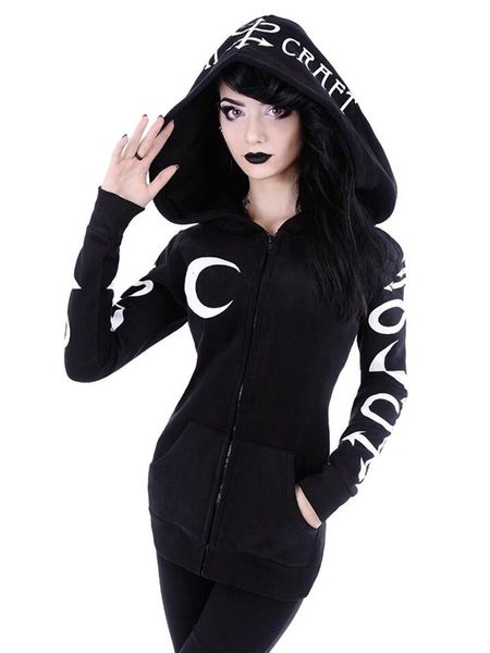 

womens hoodies sweatshirts women gothic punk moon letter print autumn winter long sleeve black jacket zipper coat casual hoody 5xl 230301