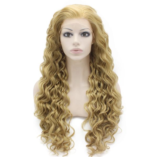 

26" extra long ash blonde curly wig heat resistant synthetic hair lace front curly wig, Black