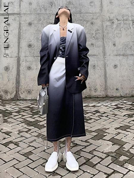 

two piece dress shengpalae gradient color single button long sleeve loose blazer and high waist folds split midcalf skirt for women spring 2, White