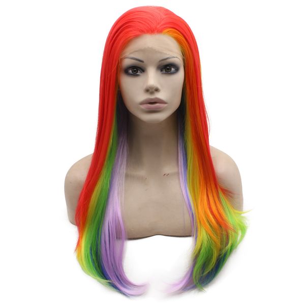 

long colorful wigs silky straight heat friendly synthetic hair lace front wig for party, Black