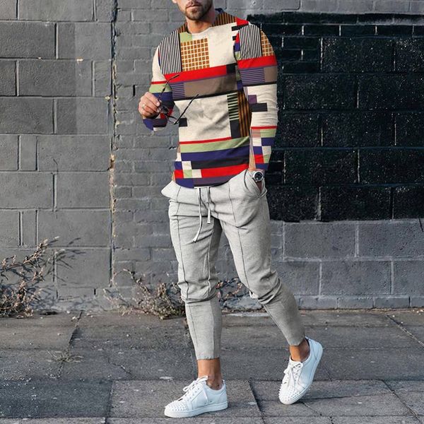 

mens tracksuits fashion two piece sets graphic printed tshirts and slim pants suits for men spring autumn clothing casual streetwear 230301, Gray