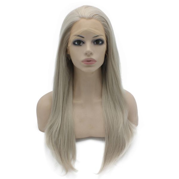 

24" long silky straight gray wig heat friendly synthetic lace front fashion grey wig natural, Black