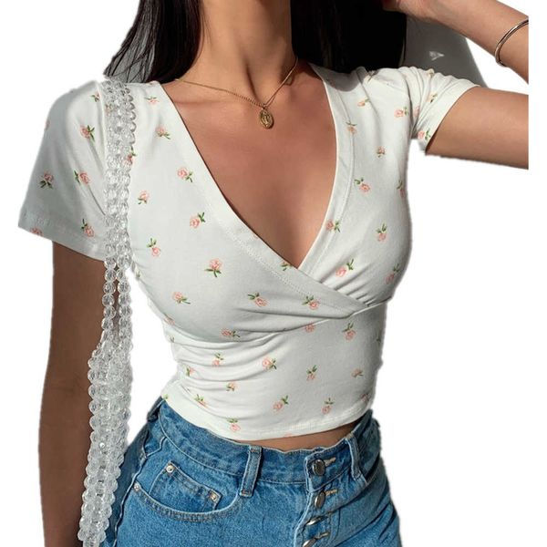 

women's t-shirt vintage boho floral print crop for women cottagecore vneck short sleeve tee y2k clothes korean summer bodycon tshirt z0, White